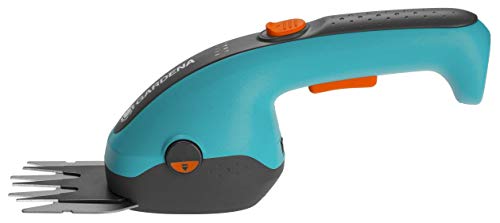 Gardena Set de tijeras cortacésped con batería: Set con mango telescópico, para cortar cómodamente los bordes del césped, Turquesa/Negro/Naranja, 36 x 13