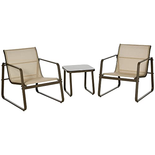 Outsunny Conjunto de Muebles de Jardín 3 Piezas Muebles de Jardín Exterior Incluye 1 Mesa de Vidrio Templado y 2 Sillas con Reposabrazos y Respaldo Transpirable para Terraza Balcón Caqui
