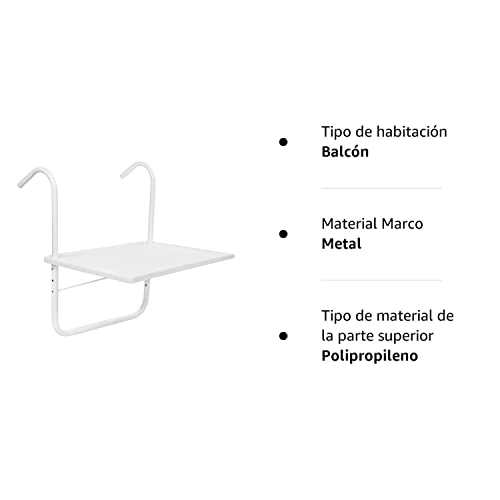 PrimeMatik - Mesa Rectangular de Polipropileno para balcón 52x40cm Blanco