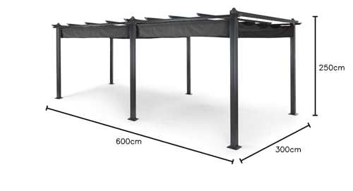 Blumfeldt Pantheon Pergola Awnings Pérgola de Jardín, Carpa 2,95x5,95 m, Techo Impermeable y Retráctil de Poliéster Exterior, Cenador Marco Aluminio, Protección UV, Pergolas de Jardin Gris Oscuro