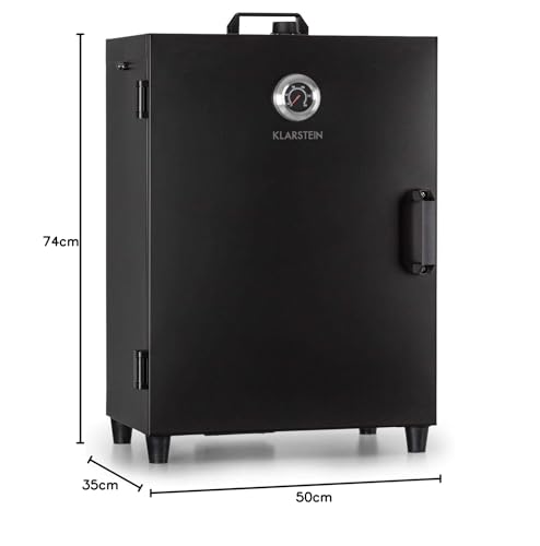 Klarstein Flintstone Steel - horno para ahumar, Ahumador, Acero inoxidable negro, 1600 W, Termostato regulable, Termómetro integrado, 3 parrillas, Doble puerta de acero inoxidable, Negro