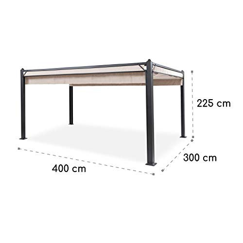 Blumfeldt Pergola Impermeable con Techo Retráctil, Cenador Estable con Laterales Metálica con Estructura de Aluminio y protección UV, Carpa Jardín, Techo Exterior y Laterales de Poliéster 3x4 m