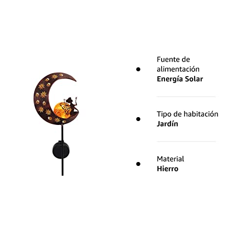TERESA'S COLLECTIONS Luces Solares Adornos de Jardín, LED Decoracion de Jardin de Metal Decorativo Estaca de Jardín de Luna y Hada para Exteriores, Patio Trasero