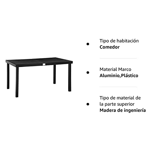 Outsunny Mesa de Jardín Rectangular para 6 Personas Mesa de Comedor Exterior 140x90x74 cm con Encimera de Listones y Estructura de Aluminio para Terraza Balcón Negro