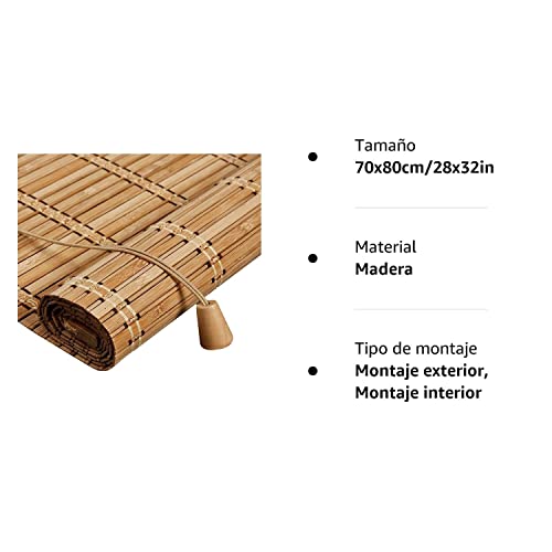 Persiana Bambu Exterior- Persiana Enrollable - de Madera,Estor Filtrado de Luz,Cortina Decorativa Anti-UV a Prueba de Polvo para Interior/Exterior (70x80cm/28x32in)
