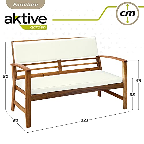Aktive 61001 - Conjunto muebles de jardín, Conjunto muebles de madera, Muebles jardín, 1 mesa, 2 sillas, 1 banco, cojines color beige, Madera de acacia