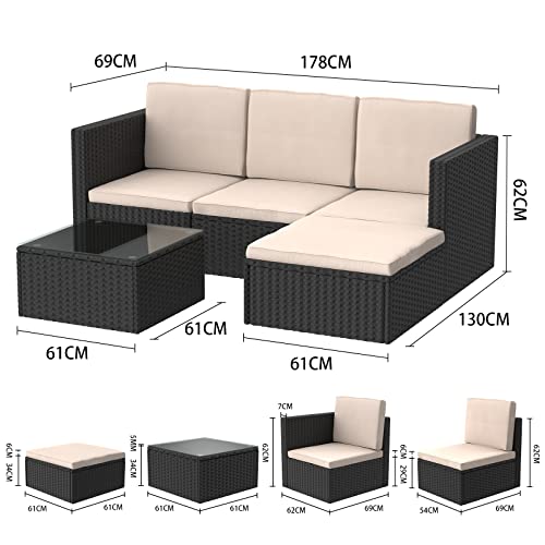 bigzzia - Juego de 5 Muebles de Patio, sofá seccional para Todo Tipo de Clima, Tejido Manual, Mimbre y ratán, Juego de conversación para Patio con cojín y Mesa de Vidrio