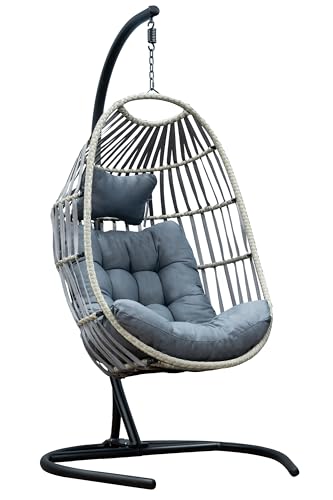 SH&G - Silla plegable de ratán para colgar huevos, silla colgante de acero, cesta acolchada de mimbre para huevos, asiento y soporte