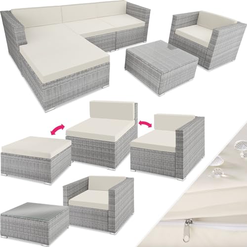 TecTake® Conjunto Jardín de Ratán, Muebles Jardín Exterior 4 Sillones, 1 Mesa Cristal, 1 Sillón Puf, Conjunto Terraza Resistente a la Intemperie, con Cojines, Modular, Estructura en Acero - Gris Claro