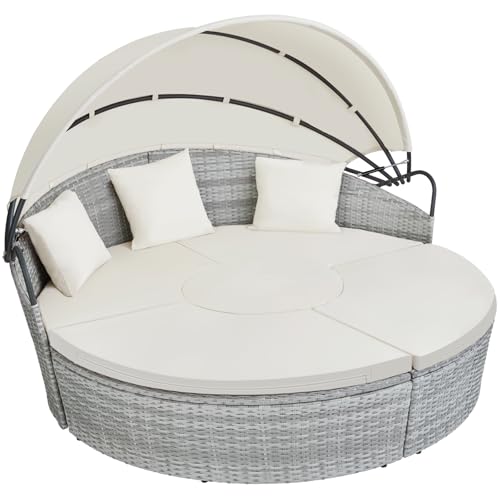 TecTake® Isla de Ratán con Cojines, Conjunto Jardín con Toldo Corredizo Plegable, Muebles Jardín Exterior con Estructura en Acero y Resistente a la Intemperie, Conjunto Terraza Combinable - Gris Claro