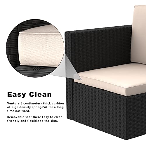bigzzia - Juego de 5 Muebles de Patio, sofá seccional para Todo Tipo de Clima, Tejido Manual, Mimbre y ratán, Juego de conversación para Patio con cojín y Mesa de Vidrio