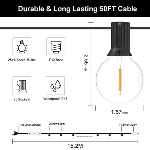 GLUROO 15M Guirnaldas Luminosas de Exterior, Cadena de Luces Exterior con 26 Bombillas E12 de Plástico Inastillable G40, Impermeable IP45 Guirnaldas Luces LED para de Jardines Patios Bares Fiestas