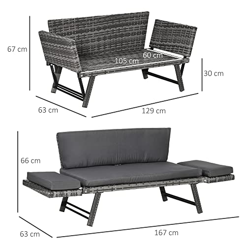 Outsunny Sofá de Ratán de 2 Plazas Convertible en Cama Individual 129x63x67 cm con Reposabrazos Abatibles y Cojines Acolchados Sofá Doble para Jardín Patio Terraza Gris