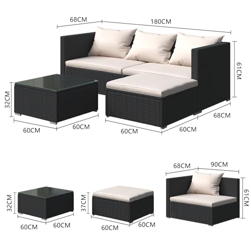 bigzzia - Juego de 5 Muebles de Patio, sofá seccional para Todo Tipo de Clima, Tejido Manual, Mimbre y ratán, Juego de conversación para Patio con cojín y Mesa de Vidrio