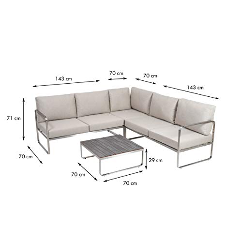 Greemotion Conjunto Muebles de Jardín Sydney 4 Piezas, Juego de Sofá Esquinero de Acero Inoxidable Cepillado para 5 Personas con Mesa, Cojines Incluidos, Plateado