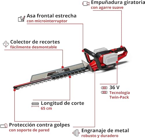 Einhell Cortasetos con batería GE-CH 36/65 Li-Solo Power X-Change (36 V, 65 cm de longitud de corte, 30 mm distancia entre dientes, mango giratorio, colector de recortes, sín batería)