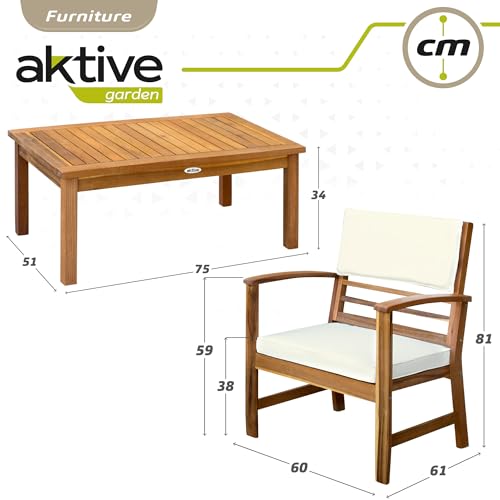 Aktive 61001 - Conjunto muebles de jardín, Conjunto muebles de madera, Muebles jardín, 1 mesa, 2 sillas, 1 banco, cojines color beige, Madera de acacia