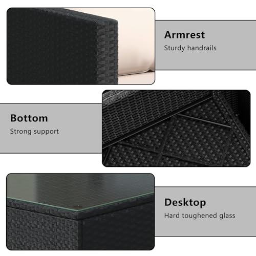 bigzzia - Juego de 5 Muebles de Patio, sofá seccional para Todo Tipo de Clima, Tejido Manual, Mimbre y ratán, Juego de conversación para Patio con cojín y Mesa de Vidrio