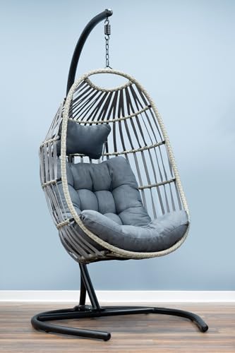 SH&G - Silla plegable de ratán para colgar huevos, silla colgante de acero, cesta acolchada de mimbre para huevos, asiento y soporte