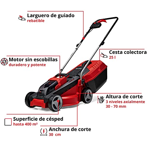 Einhell Cortacésped a batería GE-CM 18/30 Li Kit Power X-Change (18 V, 30 cm ancho de corte, hasta 150 m², Brushless, 25L bolsa recolectora, 30-70 mm altura de corte, con 3,0 Ah batería y cargador)