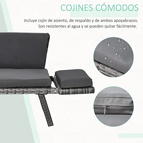 Outsunny Sofá de Ratán de 2 Plazas Convertible en Cama Individual 129x63x67 cm con Reposabrazos Abatibles y Cojines Acolchados Sofá Doble para Jardín Patio Terraza Gris