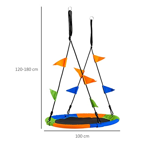 Outsunny Columpio de Jardín Nido Ø100x120-180 cm Altura Ajustable con Cuerdas y Banderas para Niños y Adultos Carga 80 kg Interior y Exterior Multicolor