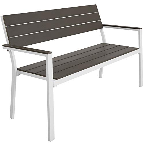 TecTake® Banco de Jardín Moderno para Dos Personas, Estructura de Aluminio Resistente, Banco Jardin, Asiento de Poliestireno Efecto Madera, Ideal para Patio y Terraza Exterior - Oscuro/Blanco