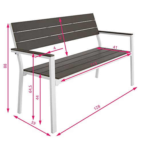 TecTake® Banco de Jardín Moderno para Dos Personas, Estructura de Aluminio Resistente, Banco Jardin, Asiento de Poliestireno Efecto Madera, Ideal para Patio y Terraza Exterior - Oscuro/Blanco