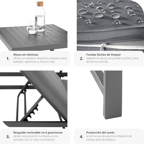 tectake® Conjunto Muebles Jardín Exterior Agrupables, 2 Sofás Reclinables con Cojines y 1 Mesa, Mesa y Sillas Terraza Impermeables y Resistentes a Intemperie, Estructura de Aluminio - Mesa con Láminas