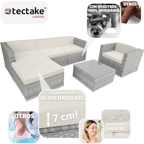 TecTake® Conjunto Jardín de Ratán, Muebles Jardín Exterior 4 Sillones, 1 Mesa Cristal, 1 Sillón Puf, Conjunto Terraza Resistente a la Intemperie, con Cojines, Modular, Estructura en Acero - Gris Claro