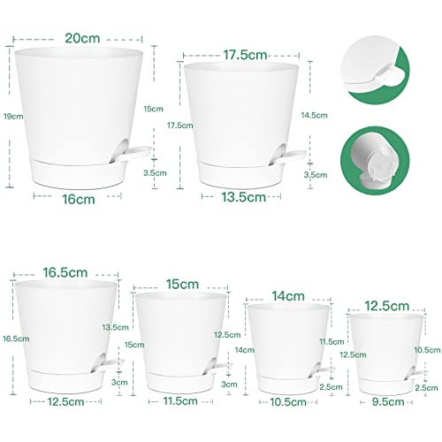 Warmplus Macetas de Riego Automático para Interior, 20/17.5/16.5/15/14/12.5cm Macetas de Plástico con Agujeros de Drenaje Plato y Depósito, Macetas de Interior para Todas Las Plantas de Casa, Blanco