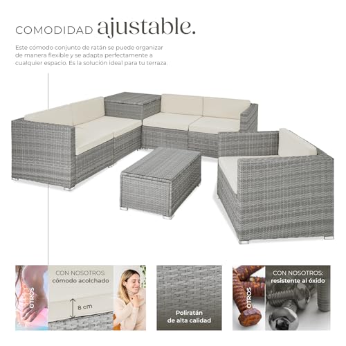 TecTake® Conjunto Jardín de Ratán, Muebles Jardín Exterior 5 Sillones, 1 Mesa Cristal, 1 Caja Almacenamiento, Conjunto Terraza Resistente a la Intemperie, con Cojines, Estructura en Acero - Gris Claro