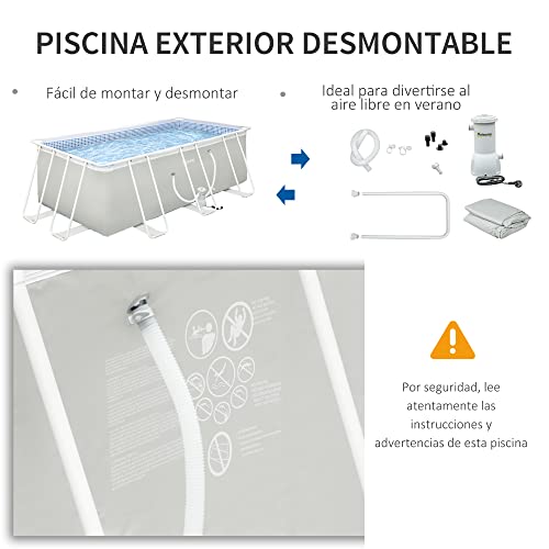 Outsunny Piscina Desmontable 440x240x122 cm Piscina Rectangular de Exterior con Depuradora de Cartucho 4,000 L/H y Marco de Acero 9760 L Gris