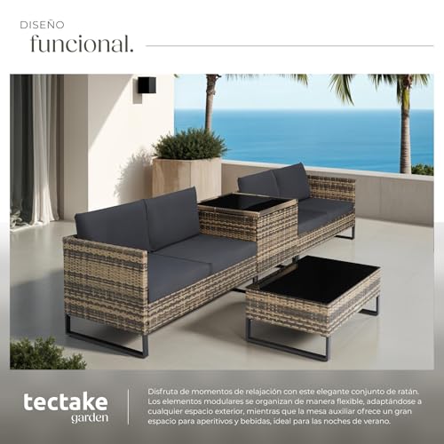 tectake® Conjunto Jardín de Ratán con Cojines Gruesos, Muebles Jardín Exterior 2 Sofás, 1 Mesa Cristal, 1 Caja Almacenamiento, Conjunto Terraza Resistente a la Intemperie, Estructura Acero - natural