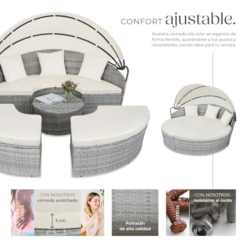 TecTake® Isla de Ratán con Cojines, Conjunto Jardín con Toldo Corredizo Plegable, Muebles Jardín Exterior con Estructura en Acero y Resistente a la Intemperie, Conjunto Terraza Combinable - Gris Claro