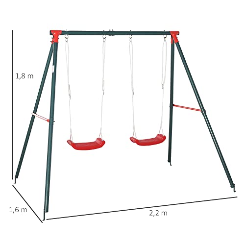 Outsunny Columpio Doble para Niños +3 Años con Soporte de Metal Juego de Columpio Infantil Cuerda Ajustable Exteriores Carga Máx. 40kg 239x156x180 cm Verde Rojo