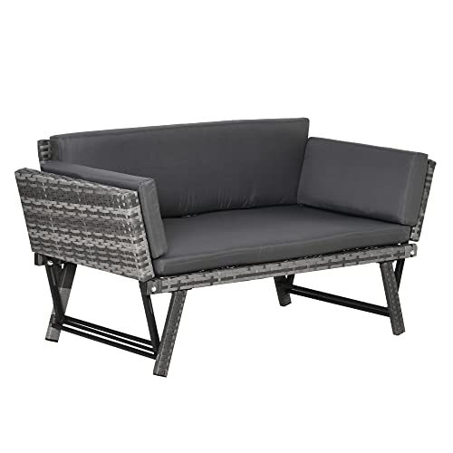 Outsunny Sofá de Ratán de 2 Plazas Convertible en Cama Individual 129x63x67 cm con Reposabrazos Abatibles y Cojines Acolchados Sofá Doble para Jardín Patio Terraza Gris