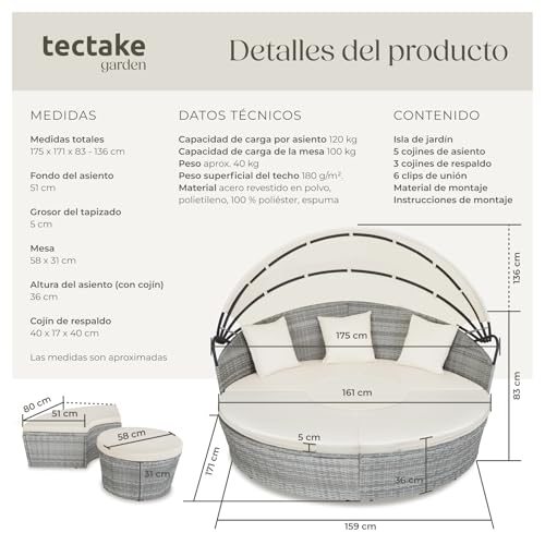 TecTake® Isla de Ratán con Cojines, Conjunto Jardín con Toldo Corredizo Plegable, Muebles Jardín Exterior con Estructura en Acero y Resistente a la Intemperie, Conjunto Terraza Combinable - Gris Claro