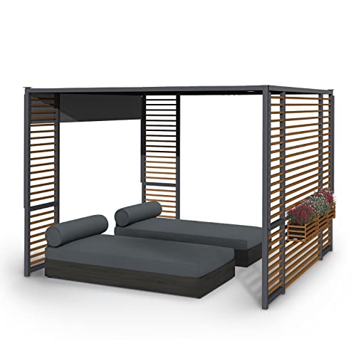 blumfeldt Carpa Jardin 3 x 3 m, Cenador para Jardin con Listones de Madera, Tamaño Grande y Resistente al Agua y Aire, Cenadores para Jardin 1,5W, Pergola de Diseño con Luces Solares LED, UV50+