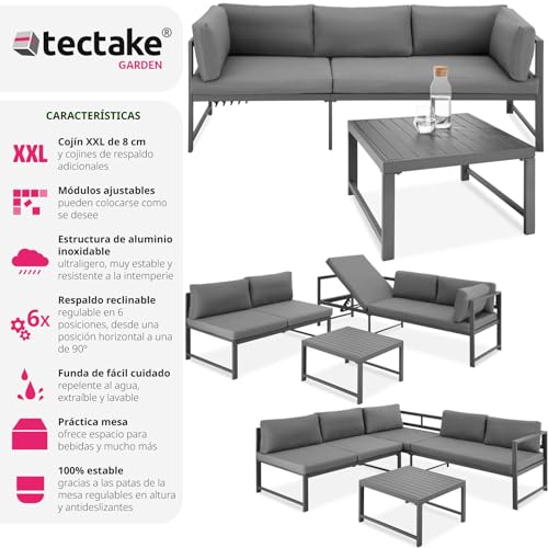 tectake® Conjunto Muebles Jardín Exterior Agrupables, 2 Sofás Reclinables con Cojines y 1 Mesa, Mesa y Sillas Terraza Impermeables y Resistentes a Intemperie, Estructura de Aluminio - Mesa con Láminas