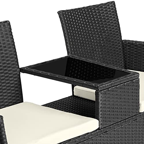 tectake® Banco de poliratán con cojines, Muebles Jardin Exterior, Mesita Cristal Integrada, Fácil de Limpiar, Conjunto Jardin Exterior, Muebles Terraza, Sillones Jardin Exterior - Negro