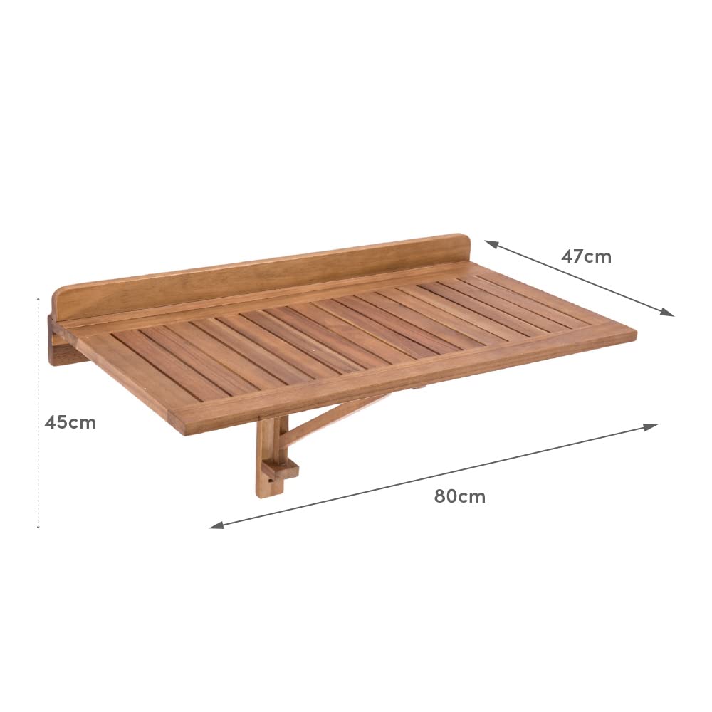 LOLAhome Mesa de Pared Plegable Abatible de 45x47x80 cm | Madera Acacia Maciza Natural Marrón | para Interior o Exterior Balcón, Terraza o Jardín - Colección Nina