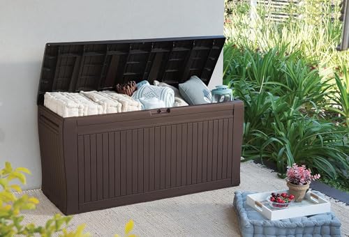 Keter Comfy - Arcón exterior, Baúl almacenaje, Capacidad 270L, Resina, Color marrón, Ordenación jardín y terraza, 44.7 x 116.7 x 57 cm