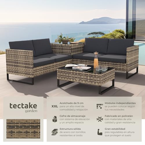 tectake® Conjunto Jardín de Ratán con Cojines Gruesos, Muebles Jardín Exterior 2 Sofás, 1 Mesa Cristal, 1 Caja Almacenamiento, Conjunto Terraza Resistente a la Intemperie, Estructura Acero - natural