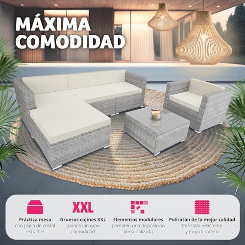 TecTake® Conjunto Jardín de Ratán, Muebles Jardín Exterior 4 Sillones, 1 Mesa Cristal, 1 Sillón Puf, Conjunto Terraza Resistente a la Intemperie, con Cojines, Modular, Estructura en Acero - Gris Claro