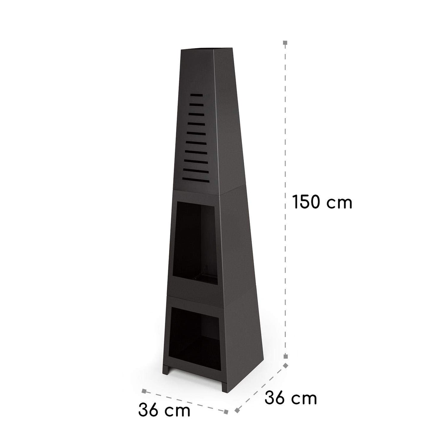 Blumfeldt Monument - Chimenea de Patio, Horno de terraza, Fuego Visible, Acero Inoxidable, Compartimento para leña, Antivuelco, Parrila para carbón y atizador, Negro
