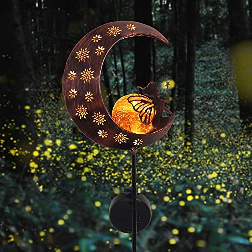 TERESA'S COLLECTIONS Luces Solares Adornos de Jardín, LED Decoracion de Jardin de Metal Decorativo Estaca de Jardín de Luna y Hada para Exteriores, Patio Trasero