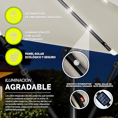 tillvex 300 cm Sombrilla Excentrico con 32 Luces LED Solar | Parasol para Terraza Jardín Balcón Patio | con Manivela y Base en Cruz, Giratorio 360º, Protección UV
