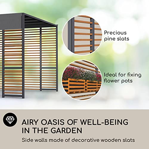 blumfeldt Carpa Jardin 3 x 3 m, Cenador para Jardin con Listones de Madera, Tamaño Grande y Resistente al Agua y Aire, Cenadores para Jardin 1,5W, Pergola de Diseño con Luces Solares LED, UV50+