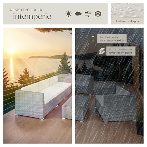 TecTake® Conjunto Jardín de Ratán, Muebles Jardín Exterior 5 Sillones, 1 Mesa Cristal, 1 Caja Almacenamiento, Conjunto Terraza Resistente a la Intemperie, con Cojines, Estructura en Acero - Gris Claro